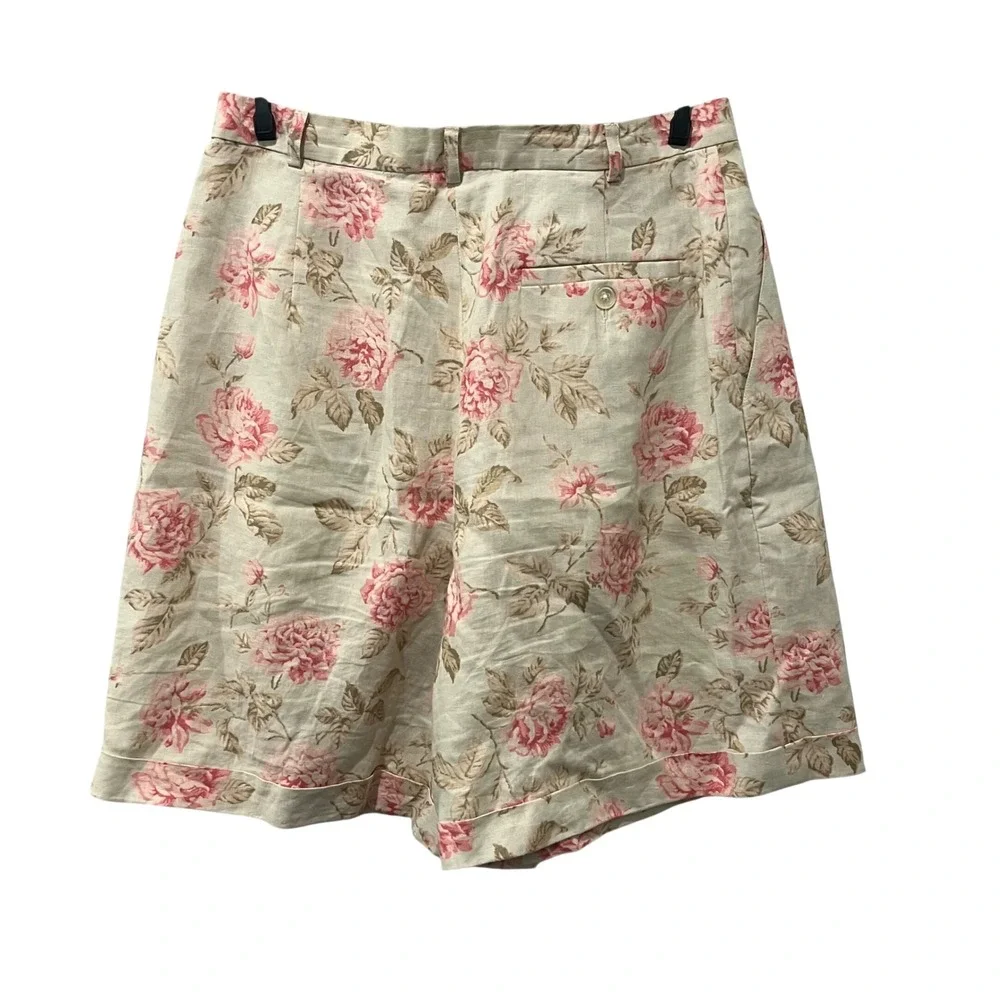 Vintage Lauren Ralph Lauren Shorts Womens 8 Beige Floral Linen Pleated Cuffed - Picture 2 of 7
